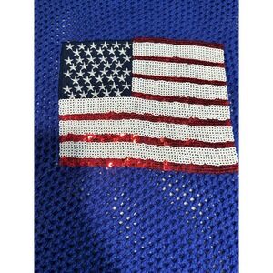 BiBi Blue Knit Top Sequin American Flag Short‎ Sleeve Patriotic Shirt